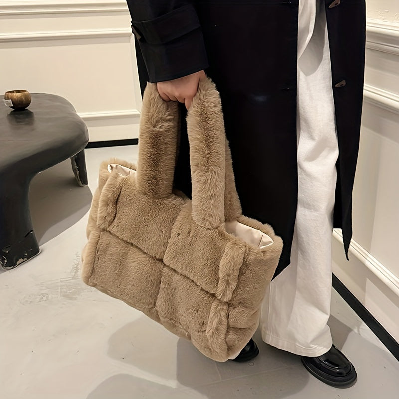 Chic Faux Fur Shoulder Bag for Women - Spacious & Versatile, Magnetic Closure, Faux Leather Lined - Available in Pink, Deep Brown, White, Black