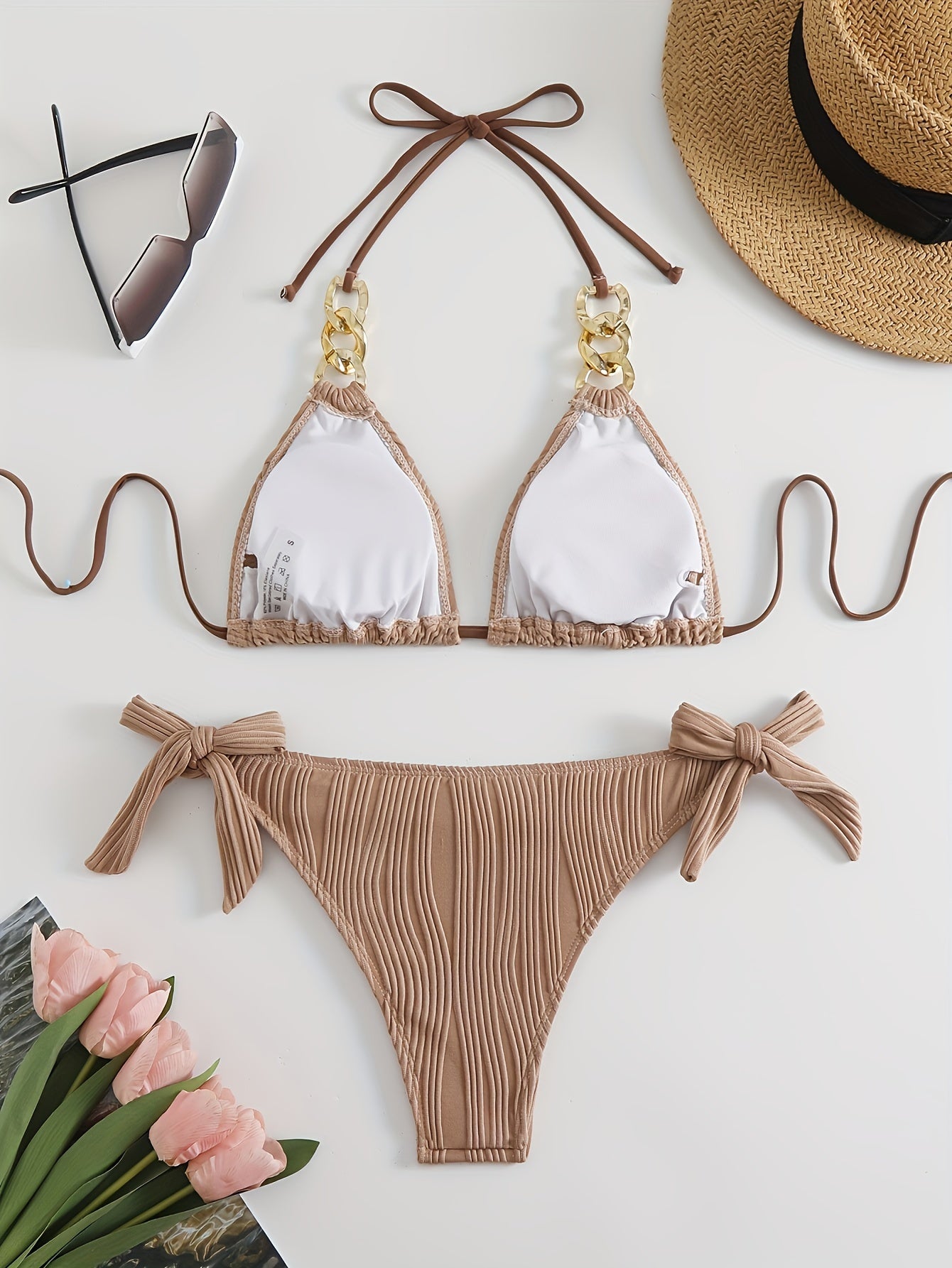 Stripes Ruched Texture Golden Chain Ring Link Halter 2 Piece Set Bikini, Bow Tie Side Triangle Halter Tie Neck Stretchy Swimsuit For Beach Pool Bathing, Women's Swimwear & Clothing