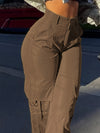 Elegant Brown Cargo Pants for Women - 100% Polyester, Straight-Leg with Flap Pockets, High-Waisted, Machine Washable - Perfect for Spring/Fall
