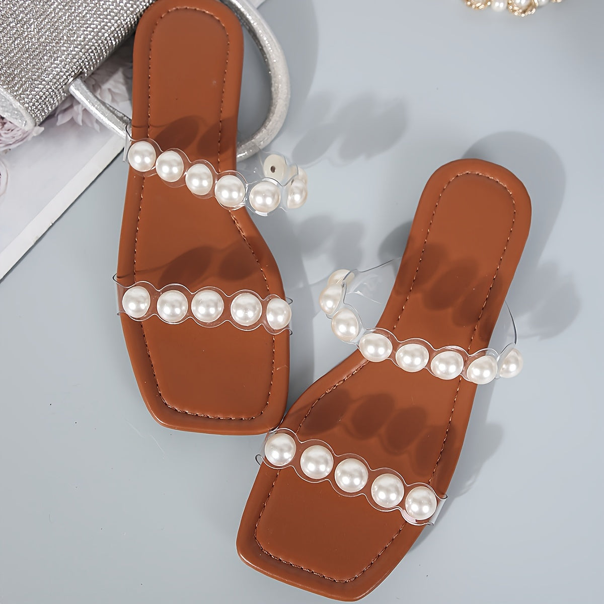 Women's Solid Color Elegant Slides, PVC Slip On Lightweight Flat Faux Pearl Decor Slides, Summer Holiday Beach Slides