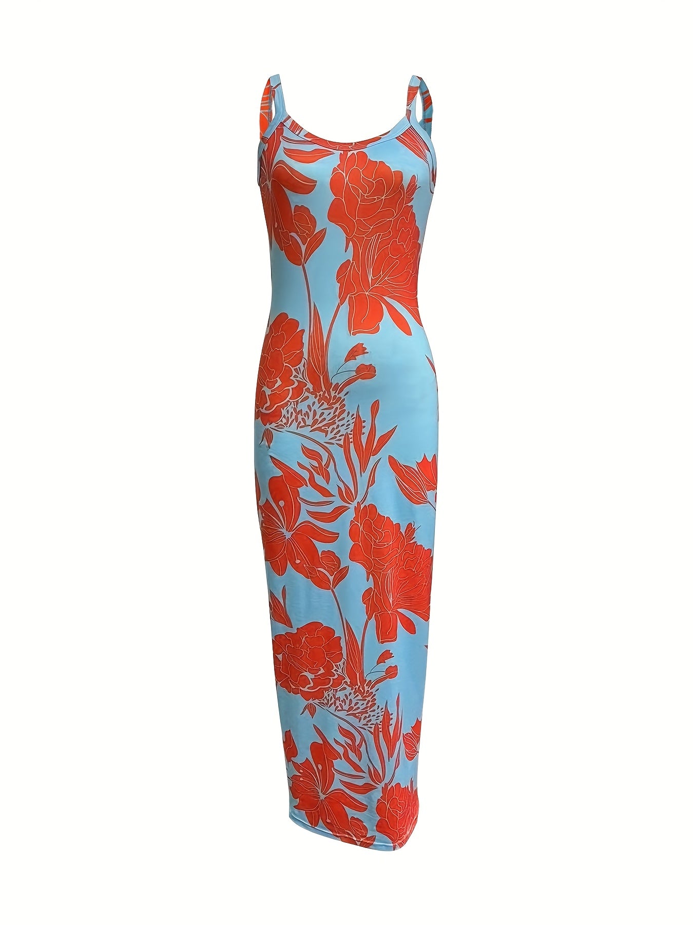 Elegant Floral Print Bodycon Maxi Dress, Polyester Knit Fabric, Crew Neck Sleeveless Long Dress for Women, All-Season, Halter Dress