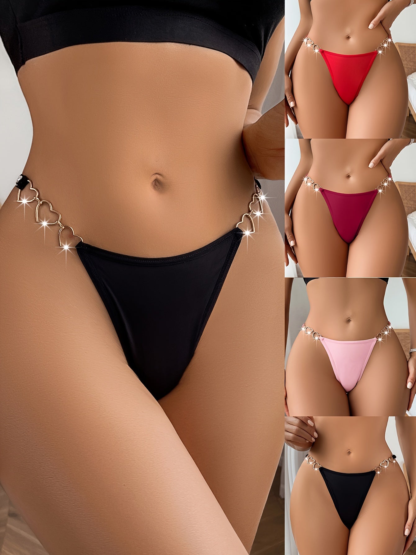4-Pack Sexy Seamless Thongs for Women, Polyamide 90% & Elastane 10% Knit Fabric, Drop Waist Chain Detail, Breathable Stretchy Intimates, Solid Color Lingerie Set