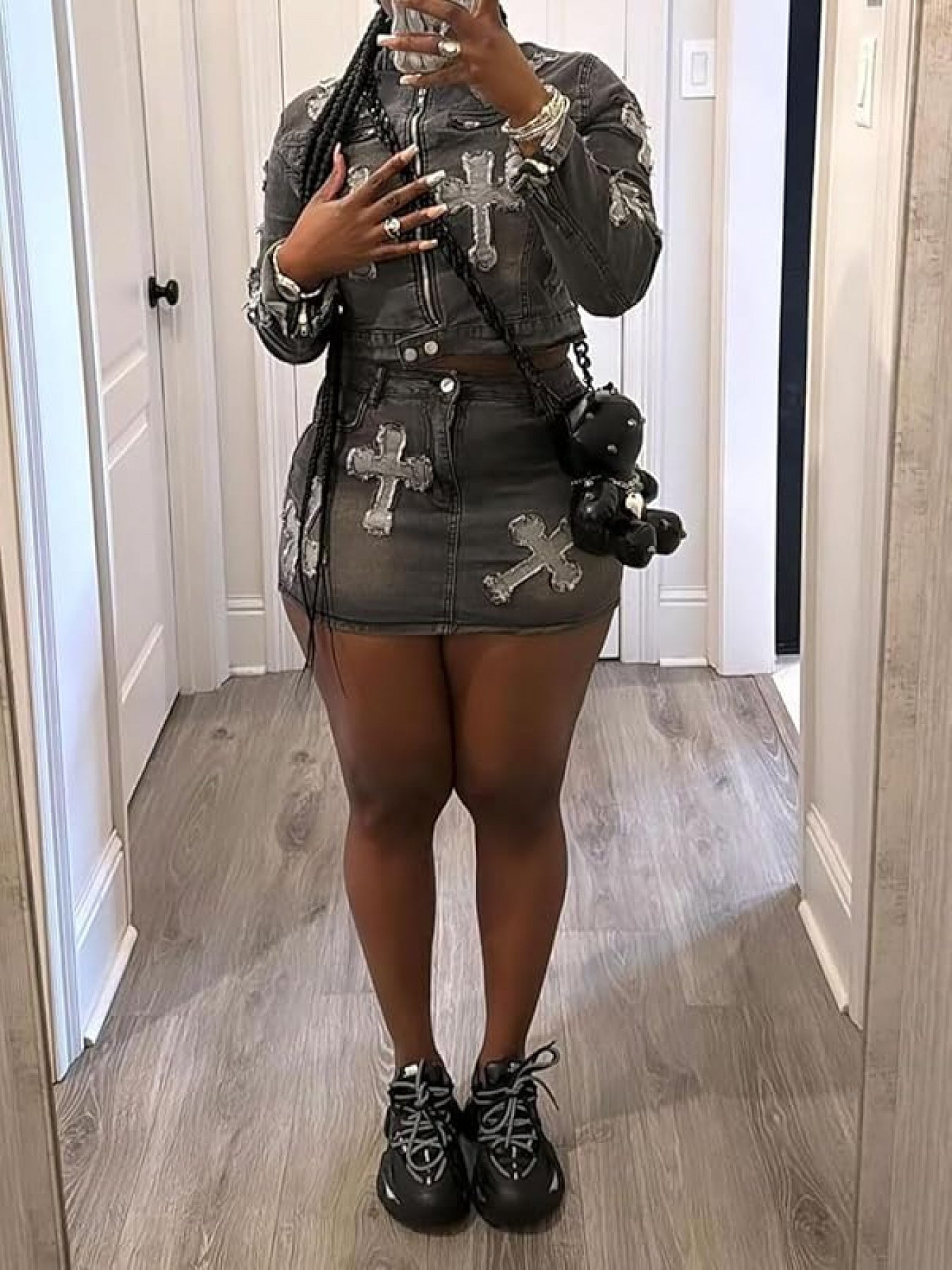 Denim Skirt Set 2pcs Denim Skirt Set for Women Y2K Long Sleeve Zipper Jean Jacket Top Mini Skirt Bodycon Set Two Piece Outfits Long Sleeve Zip Up Jacket Top And Matching Mini Skirt with Pockets