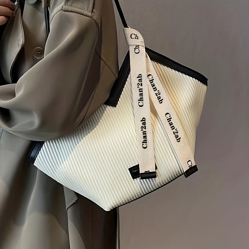 Chic Love-Themed Tote Bag - High-Capacity Beige & Black Design with Ribbon Accent, Versatile for Work and Casual Use, Durable PU Material, Zip Closure