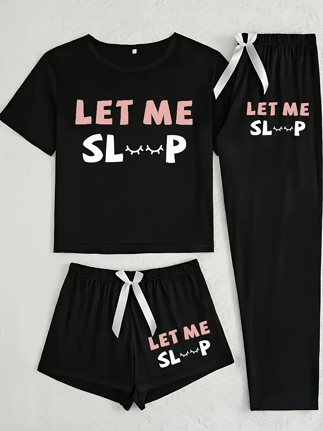 [Simple Letter Print] Women's Three Piece Set | Casual Pajamas | Short Sleeve Long Pants Shorts | Simple Letter Print