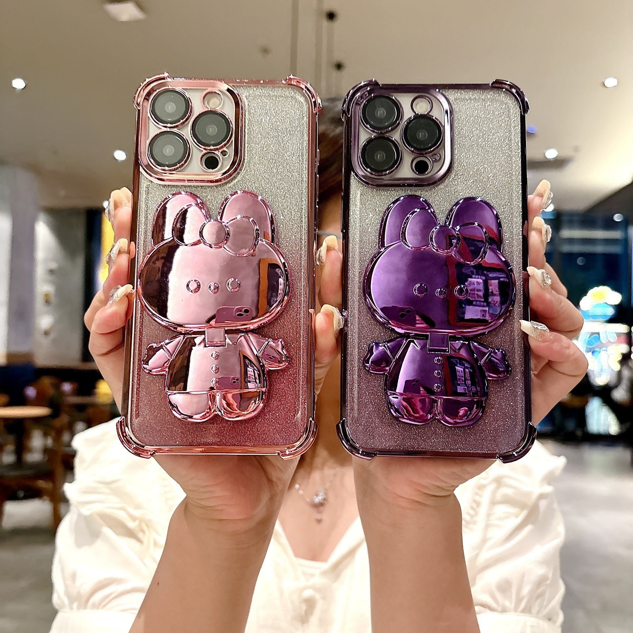 New Luxury Diamond-Inlaid Sparkling Invisible Makeup Mirror Mobile Phone Holder with Lens Protection, Cute Rabbit Holder Mobile Phone Case, Suitable for iPhone11/12/13/14/15/16 Pro Max/plus Mobile Phone Case Luxury Halloween-