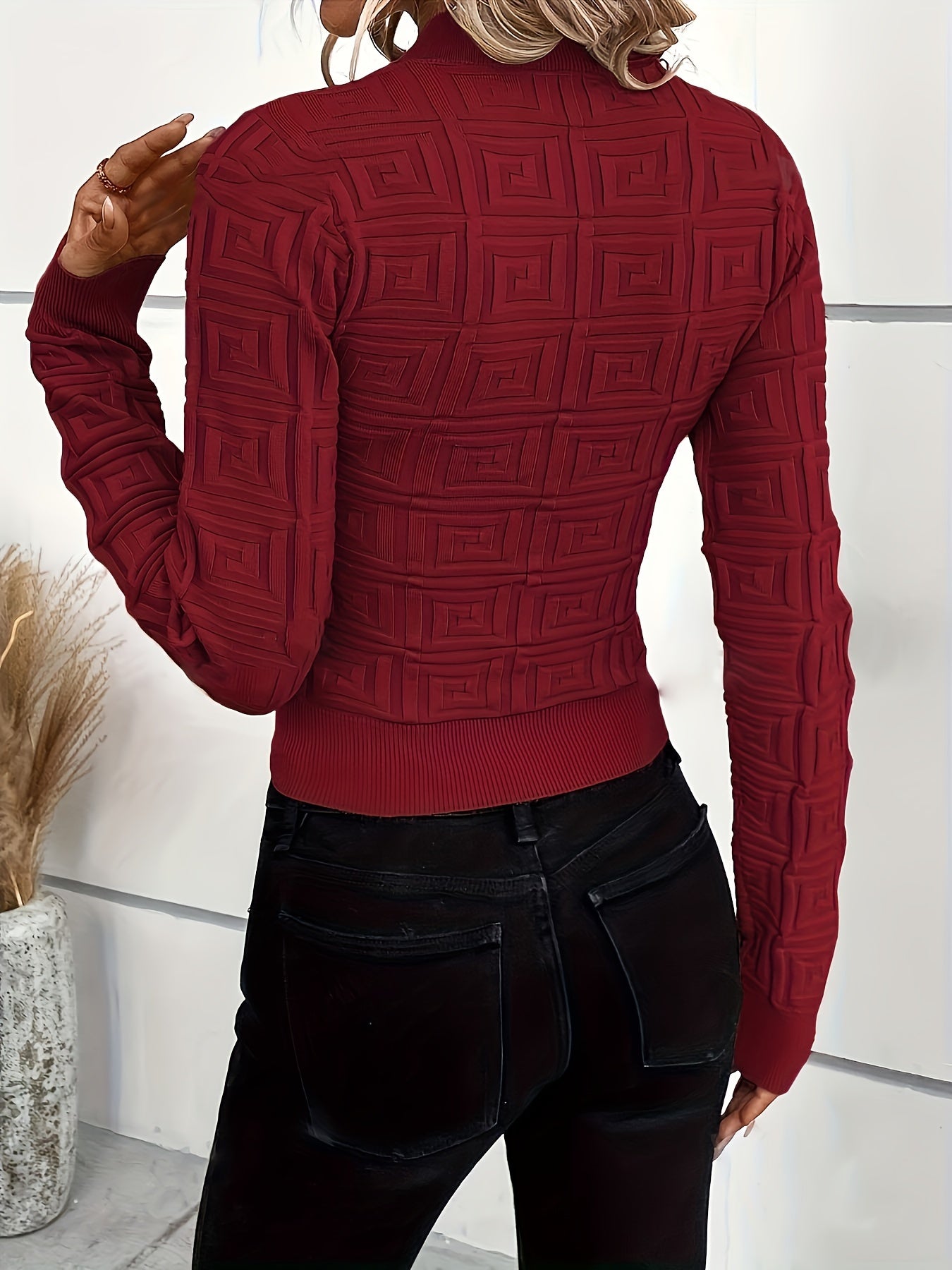 Geo Pattern Crew Neck Sweater – Elegant High-Stretch Long Sleeve Pullover for Women, Perfect for Fall & Winter
