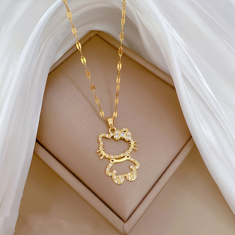 Elegant Sanrio Hello Kitty Golden Pendant Necklace - Chic Stainless Steel with Sparkling Synthetic Gems, Perfect for Weddings & Daily Wear, All-Season Versatile Clavicle Chain