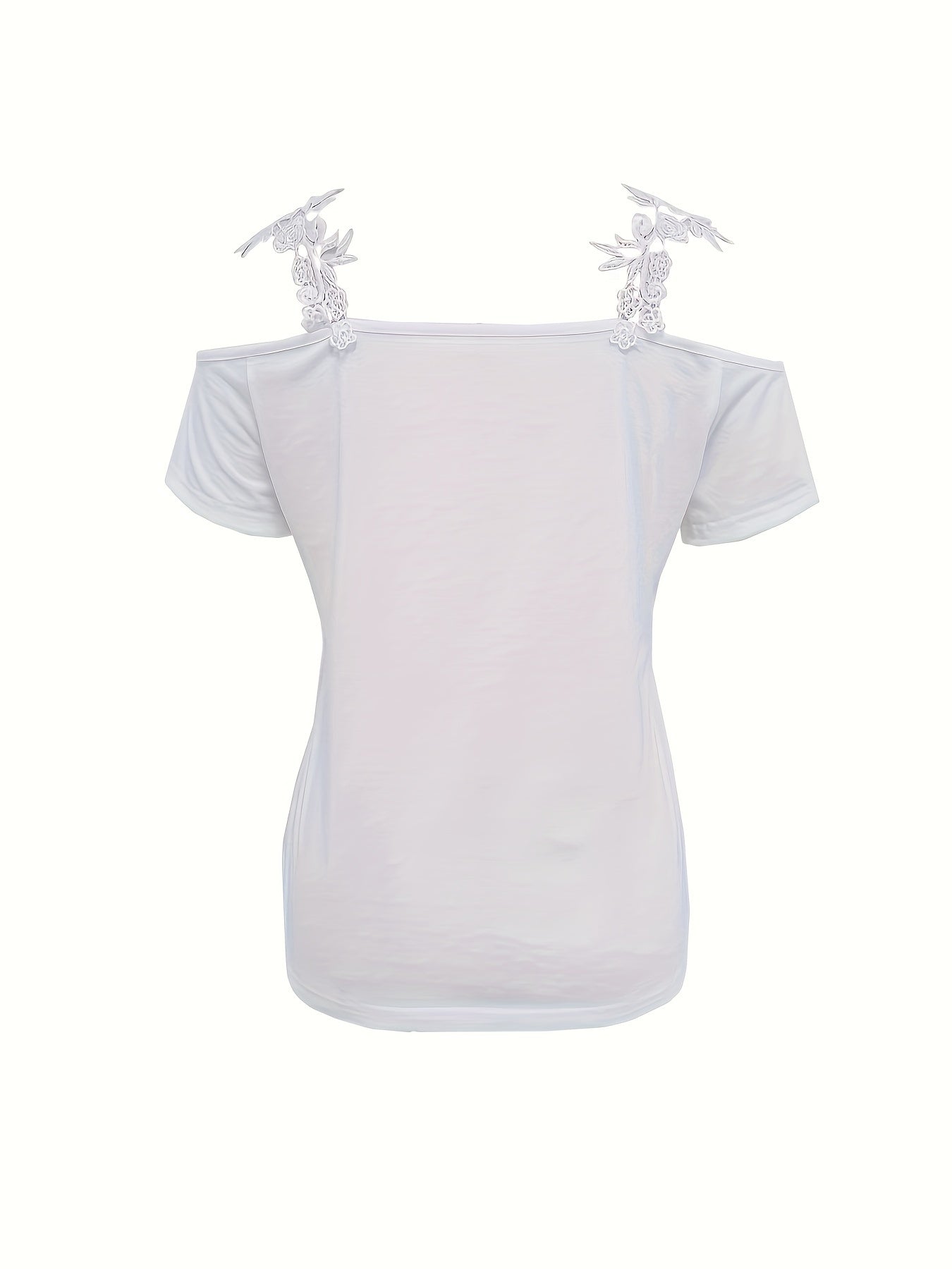 Cold Shoulder Lace Strap T-Shirt, Casual Short Sleeve T-Shirt For Spring & Summer, Women's Clothing