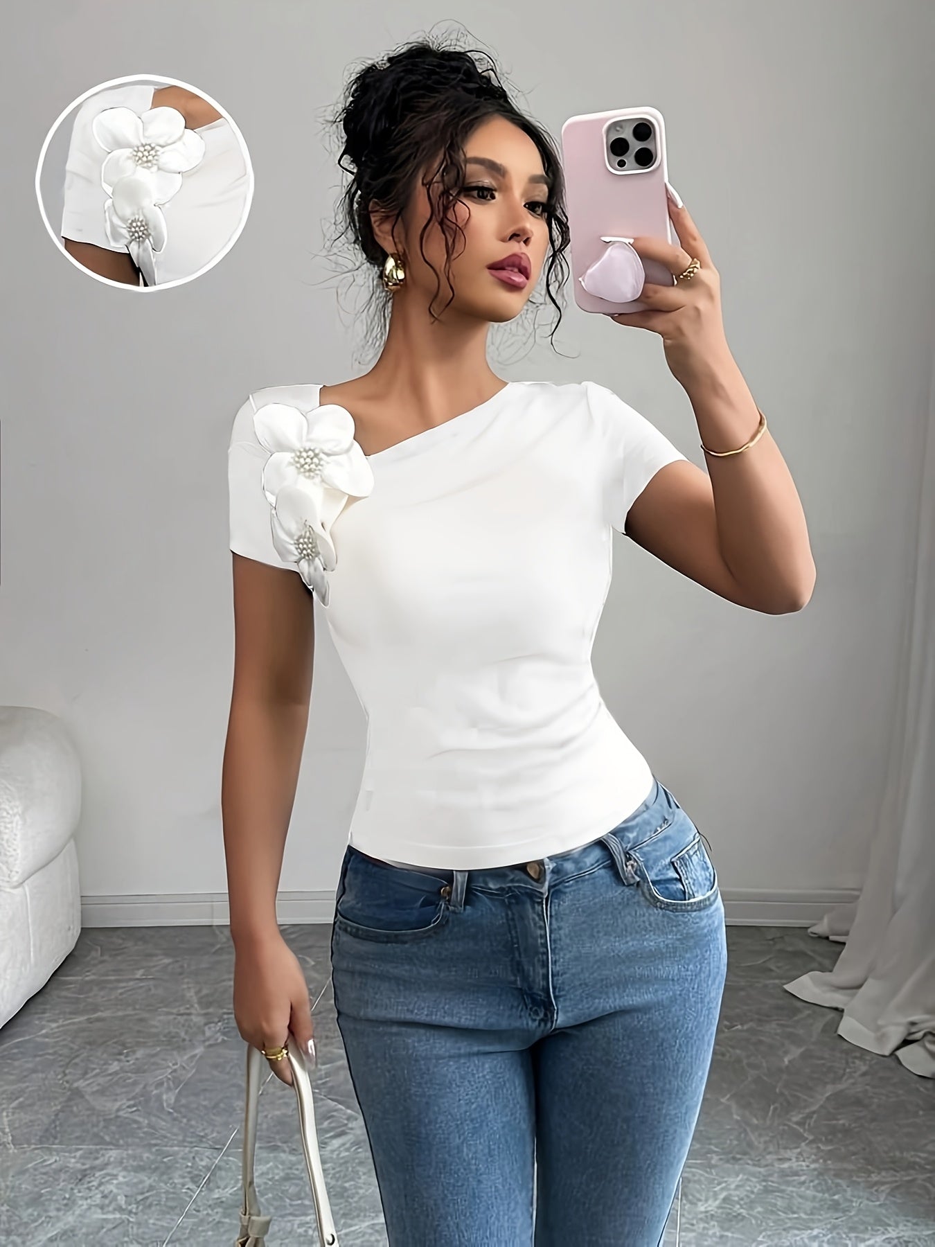 Women's Elegant 3D Floral Applique Knit Top - 100% Polyester, Medium Stretch, All-Season Versatile Black Shirt for Casual & Formal Outfits, Floral Print Blouse
