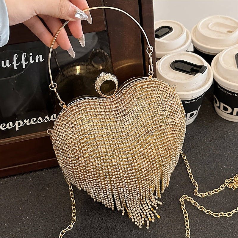 Elegant Heart-Shaped Rhinestone Evening Clutch with Tassel, Lightweight Acrylic Party Handbag with Removable Strap, Buckle Closure, Rayon Lined, No Pattern Design for Valentine'S Day