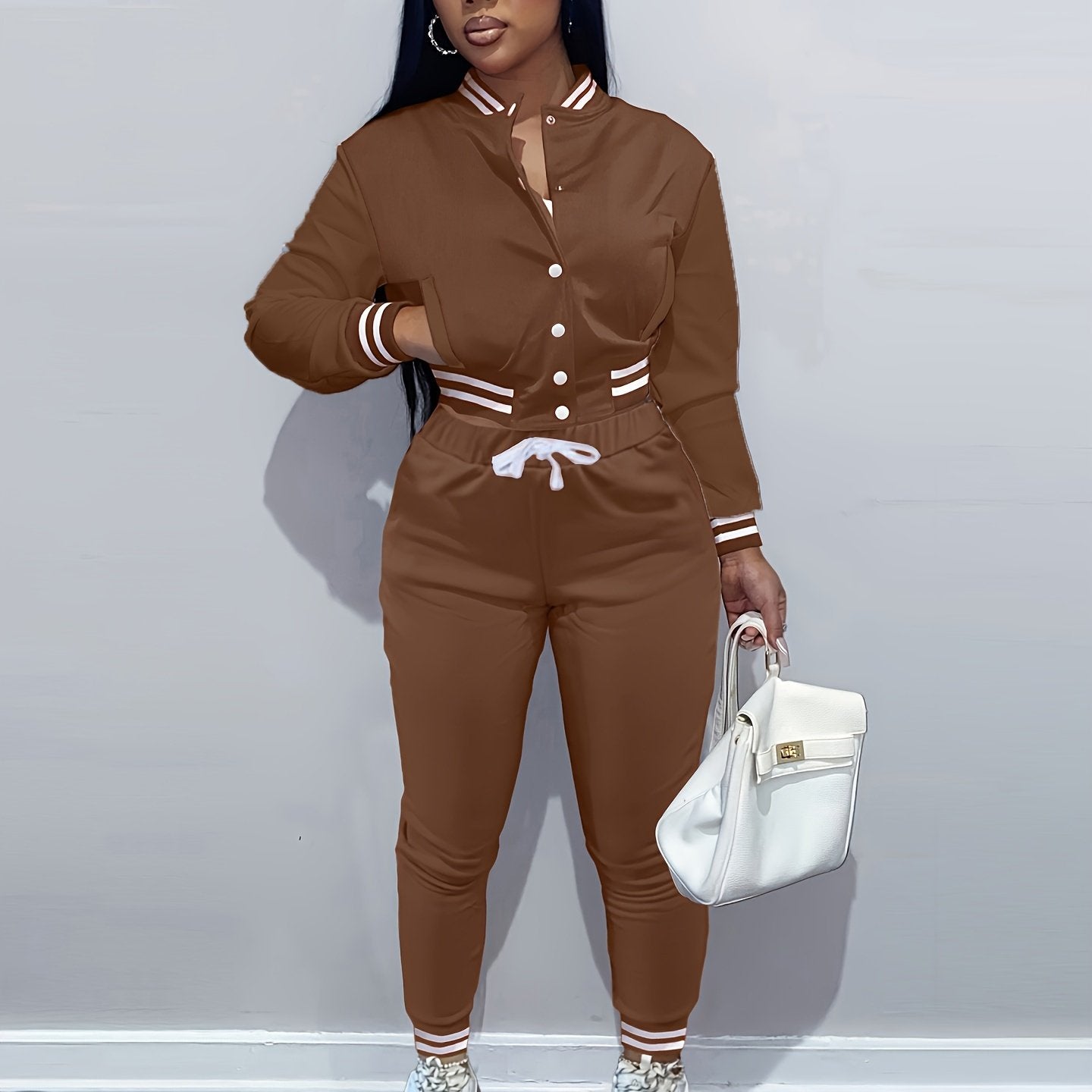 Casual Two-piece Set, Button Front Bomber Jacket & Drawstring Pants Outfits, Women's Clothing
