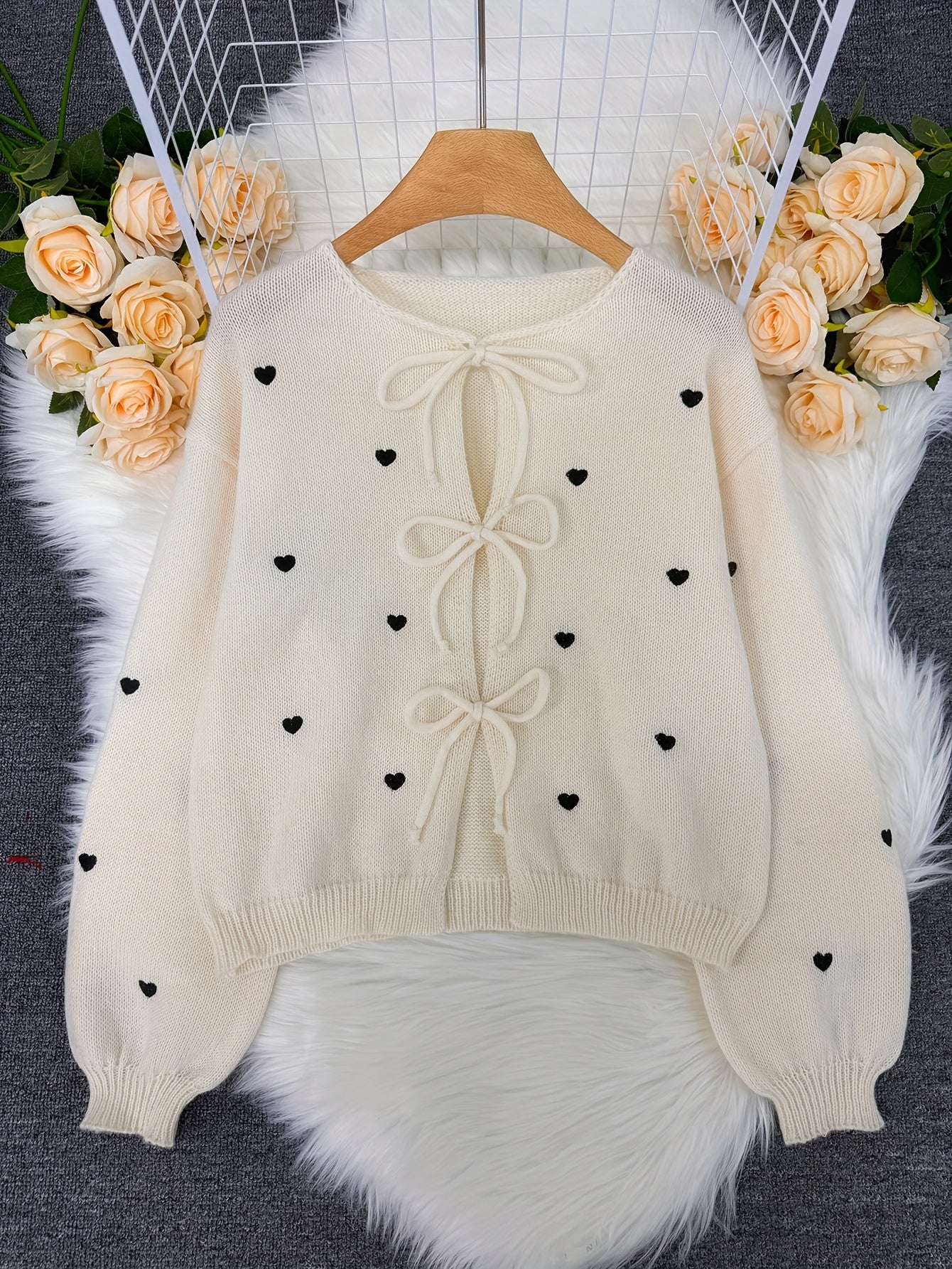 Women'S Chic Minimalist Knit Cardigan with Bow Detail - Long Sleeve, Open Front, Crew Neck Sweater in Solid Color - Ideal for Office Wear, Cute Casual Attire, Ladies Cardigan