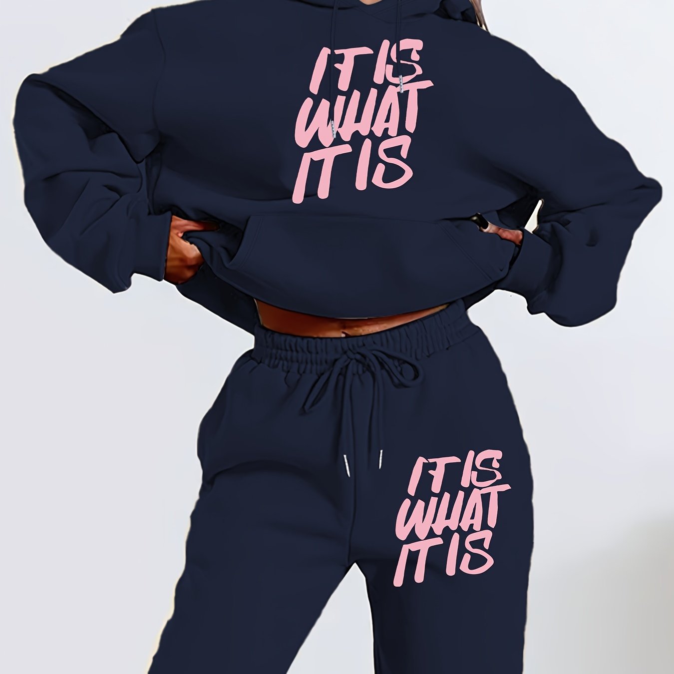 [Geometric Print Hoodie Set] Long Sleeve Geometric Print Hoodie & Jogger Set - Polyester Blend, Machine Washable, Kangaroo Pocket - Women's Casual Fall/Winter