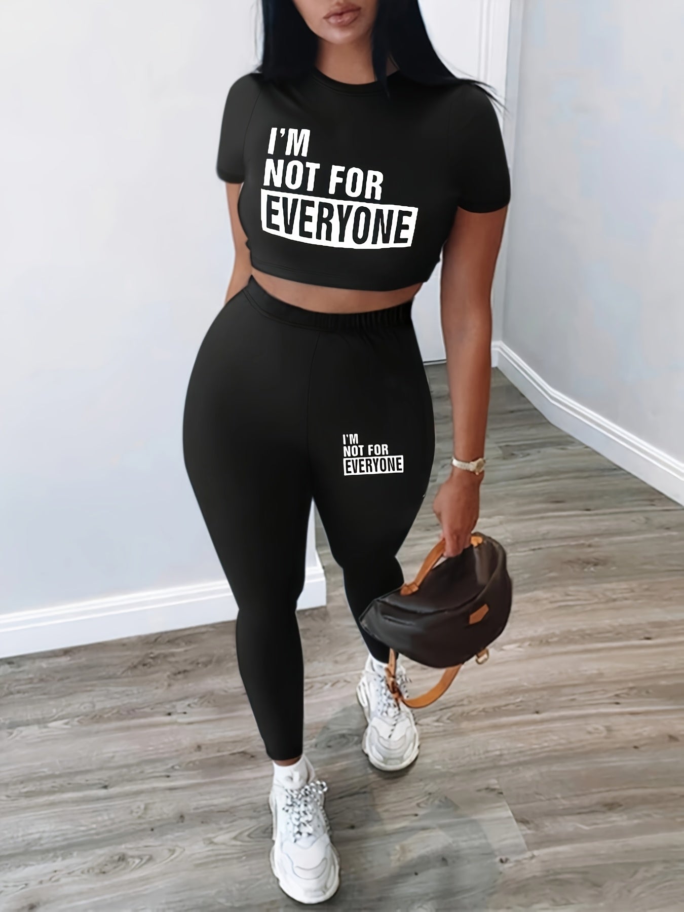 8790I12 European And American Women'S Letter Print Casual Motorcycle Two-Piece Set, Tight Short-Sleeve Crop Top And Long Pants, Sexy Casual Outdoor Outfit.