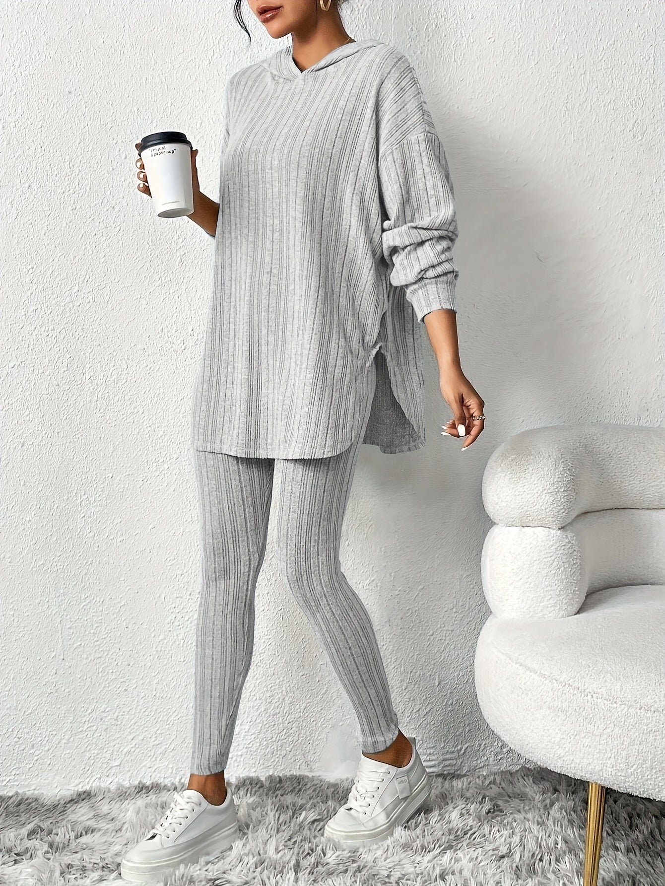 two-piece Ribbed Long Sleeve Hooded Top & Skinny Pants Set for Women, Casual Lounge Outfit