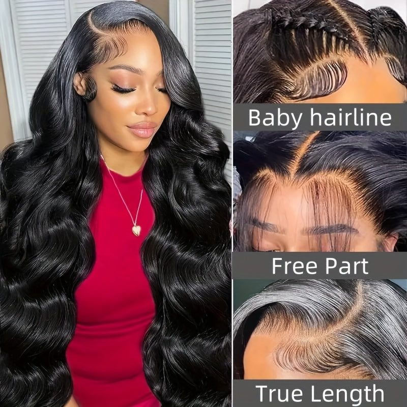 Body Wavy Glueless 13X4 Lace Front Wigs with Bleached Knots Natural Black Color 100% Long And True Length Brazilian Human Hair Wigs High Quality 250% Density Pre Cut Lace Frontal Body Wave Wigs for Women Daily Wear