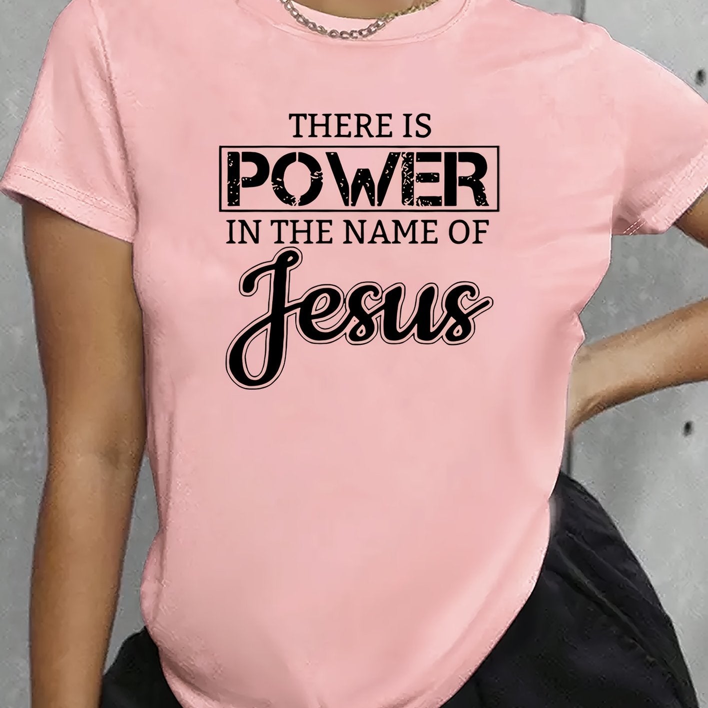 Women's Inspirational Jesus Power Quote T-Shirt - Casual Crew Neck, Short Sleeve, Beige Polyester Tee with Artistic Letter Print, Machine Washable, Casual Wear|Graphic Tee|Polyester Fabric