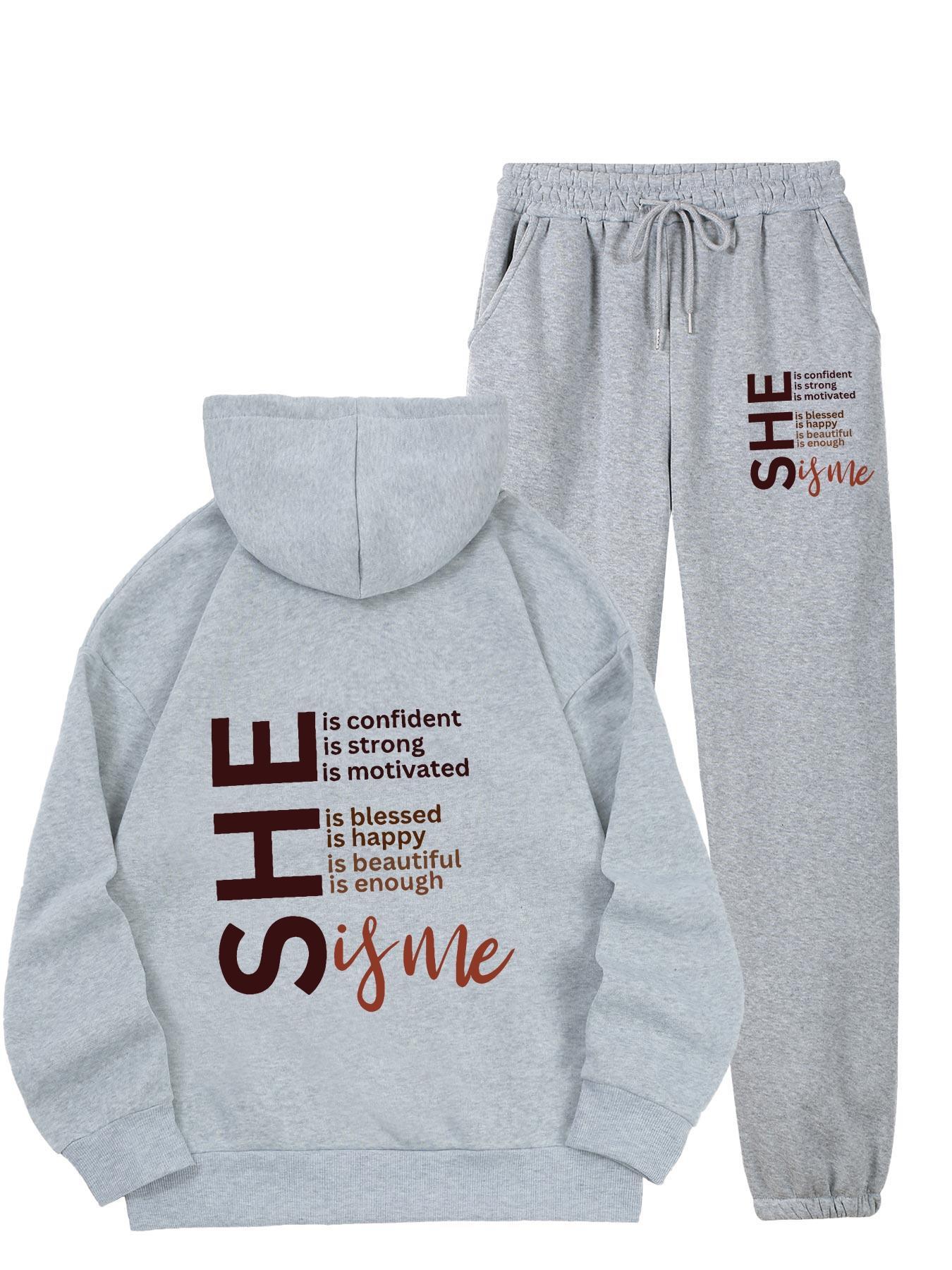 Cozy Fleece-Lined Women's Hoodie & Sweatpants Set with Letter Print - Machine Washable, Pocket Detail, Polyester