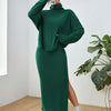 Elegant Women's Turtleneck & High-Slit Skirt Set - Solid Color, Stretchy Polyester Blend, Machine Washable - Perfect for Spring/Fall