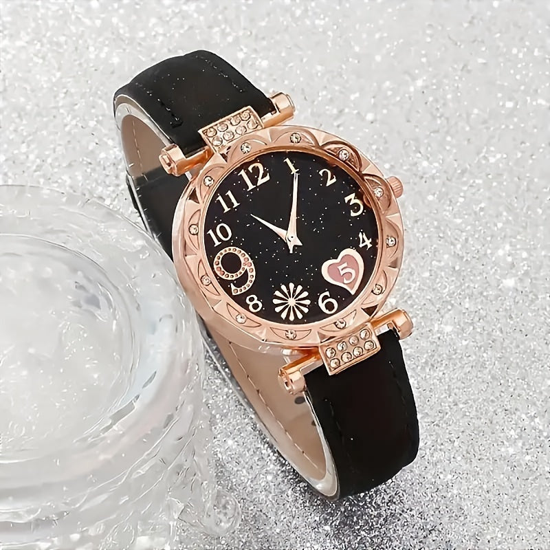 6pcs Elegant Flower Watch Rhinestone Quartz Watch Analog PU Leather Wrist Watch & Bracelets, Gifts for Women Her