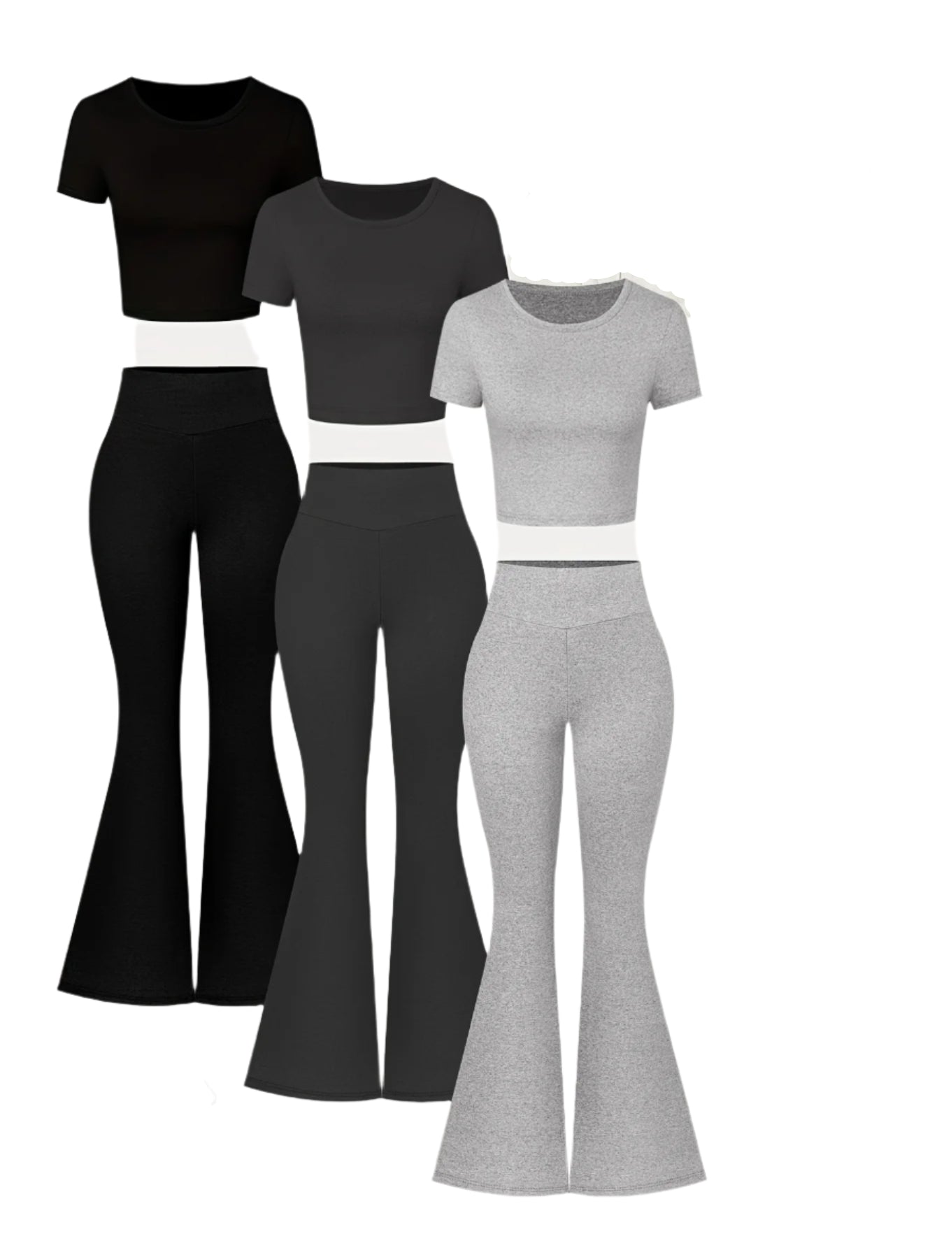 6-Pack Women's Casual Slim-Fit T-Shirt & Flare Pants Set – Short Sleeve Round Neck Top & Stretchy Solid Color Homewear for Spring/Summer