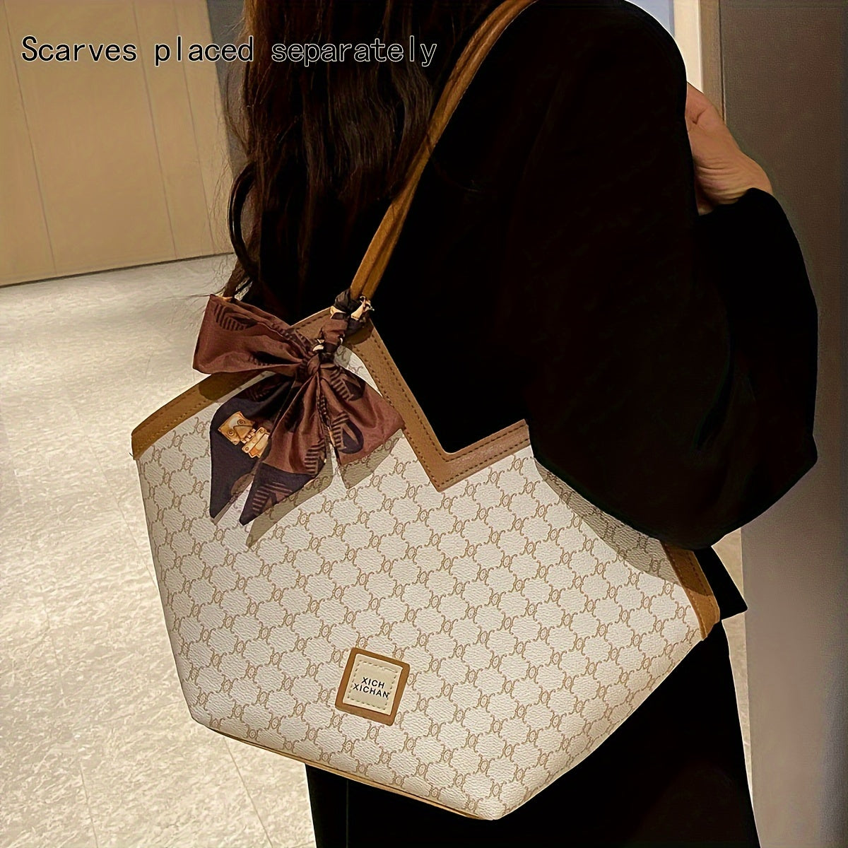 Timeless Chic - Niche Shoulder Bag with Fashion-Forward Scarf Accent - Versatile Classic Pattern Design for Womens Everyday Style