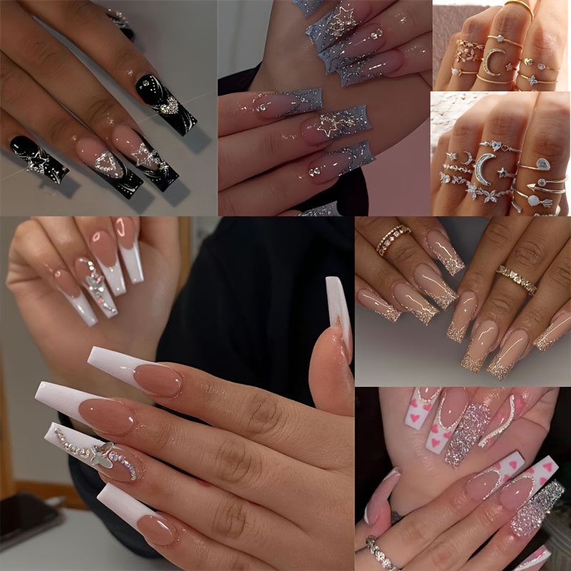 5-Pack (120 Pcs) Long Coffin Press-On Nails with Glittering French Tip - 3D Flower & Heart Rhinestone Design + 20pcs Ring Set - Mixed Glossy Finish, Adhesive Tabs & Nail File Included - Ultimate Glam for Women