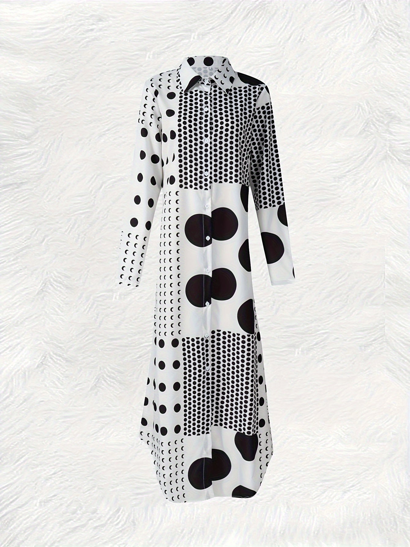 Vintage-Inspired Polka Dot Long Sleeve Shirt Dress - Button Detail, Non-Stretch Polyester, Machine Washable - Perfect for Spring/Fall