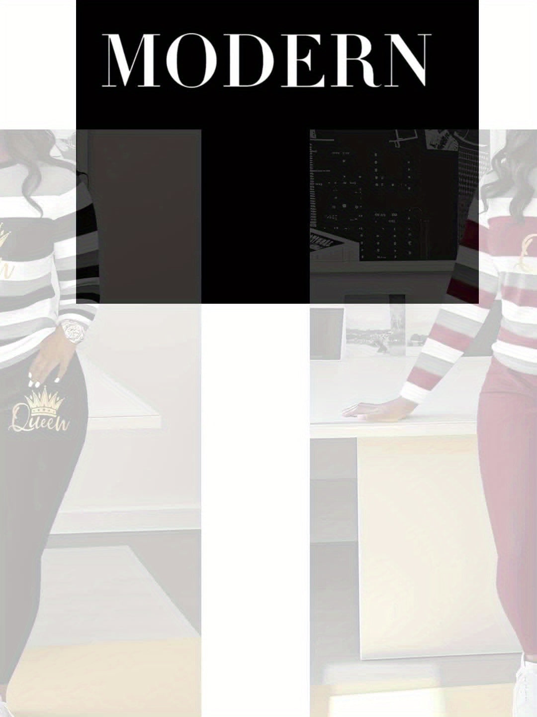 Women's Striped Crown Print Casual Tracksuit Set - Polyester & Elastane Knit Crew Neck Long Sleeve Top with Pants, No Belt - Fall/Winter Cozy Loungewear Suit (1 Top + 1 Pants)