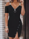 Women's Cold Shoulder Ribbed Chain Strap Dress - Zipper, Elegant, Short Sleeve, Split Bodycon Dress - For Spring & Summer - Perfect for Parties & Casual Occasions - Ideal Gift for Women