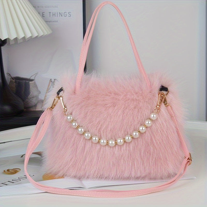 Chic Faux Fur Crossbody Bag with Pearl Accents - Soft Plush Shoulder Purse for Women, Available in Pink, Khaki, Coffee, White, Black