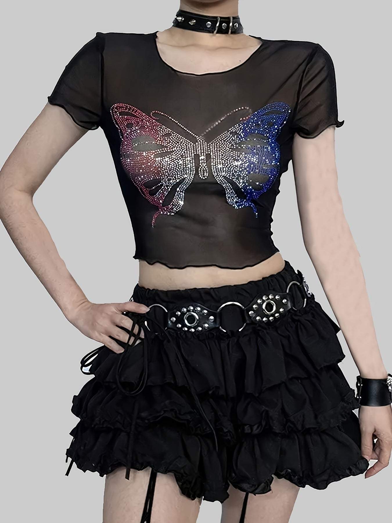 Fashion Butterfly Rhinestone Sexy Sheer Belly Button Short Women's T-Shirt with Round Neck Mesh Top and Wooden Ears, No Underwear Included