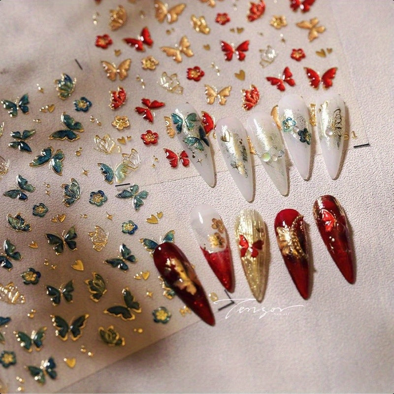 1 Sheet 5D Embossed Green & Golden Butterfly Nail Art Stickers - Self-Adhesive Floral Nail Decals with Glitter Accents, Spring Summer DIY Manicure Supplies for Women Girls, Beauty Enhancements | Spring Summer Theme | Intricat