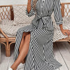 Elegant Long Sleeve Striped Shirt Dress with Waist Tie - Casual Commute Fashion for Women, All-Season Comfort, Three-Quarter Sleeve, Button-Up, Casual Attire | Stylish Casualwear | Polo Collar Dress