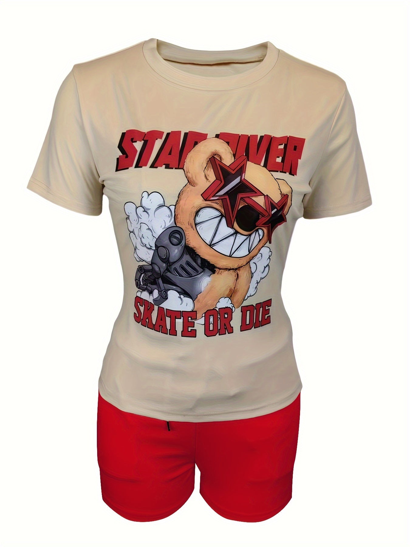 Casual Two-piece Set, Graphic & Letter Print Crew Neck Short Sleeve Top & Shorts Outfits, Women's Clothing
