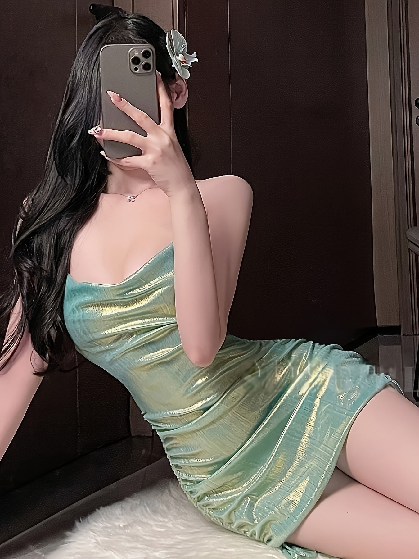 Women's Sexy Backless Halter Nightgown - Shiny Polyester Ruched Side Mini Dress, Semi-Sheer, Glossy Finish, Elegant Sleepwear, Evening Attire | Ruched Mini Dress | Smooth Texture