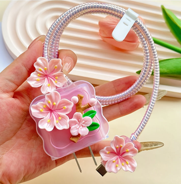 5pcs 3D Flower Cartoon Data Cable Protection Sleeve Winder, Suitable for Apple 20W/18W Charger, iPad Fast Charging Data Cable Soft Shell Protective Sleeve