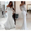 White Wedding Dress Fishtail Style Strapless Design, Long Sleeves Made of Delicate Lace Material, Covered with Floral Patterns; Splicing Satin Material, Fit The Body Curve, The Overall Style Is Elegant and Romantic, Suitable