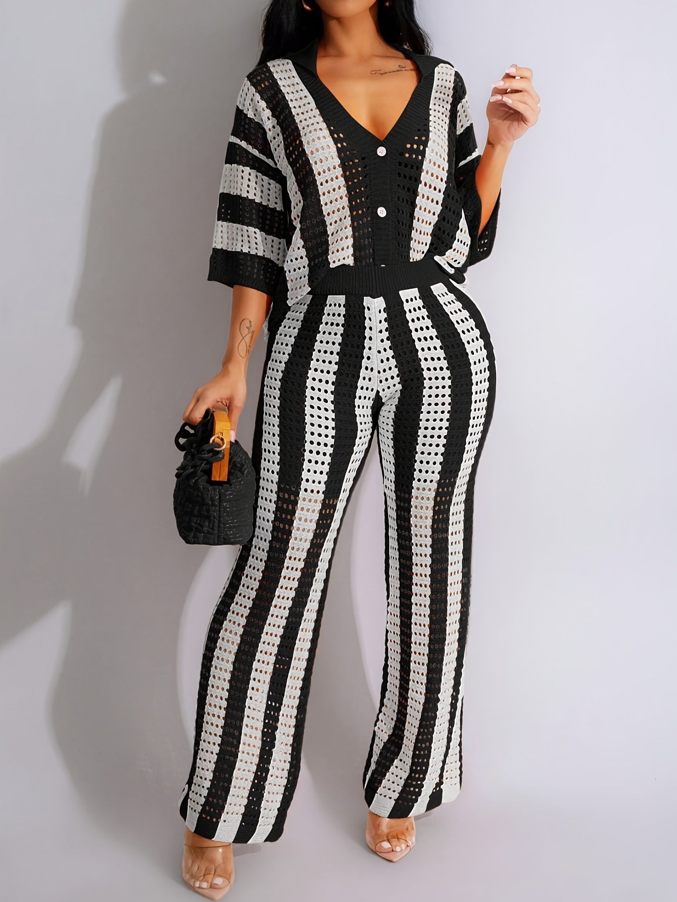 Chic Color Block Knit Top & Pants Set - V-Neck, Hollow-Out Detail, Acrylic, Striped Pattern, Single-Breasted, Vacation Ready, Casual Chic Outfit|Vneck Top|Acrylic Fabric