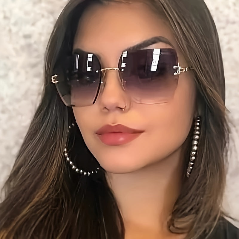 Y2K Rimless Women’s Fashion Glasses with Gradient Lenses, Retro Metal Frame, Large Polygonal Design, Stylish Travel & Fashion Accessories, Casual Eyewear for Everyday Glamour