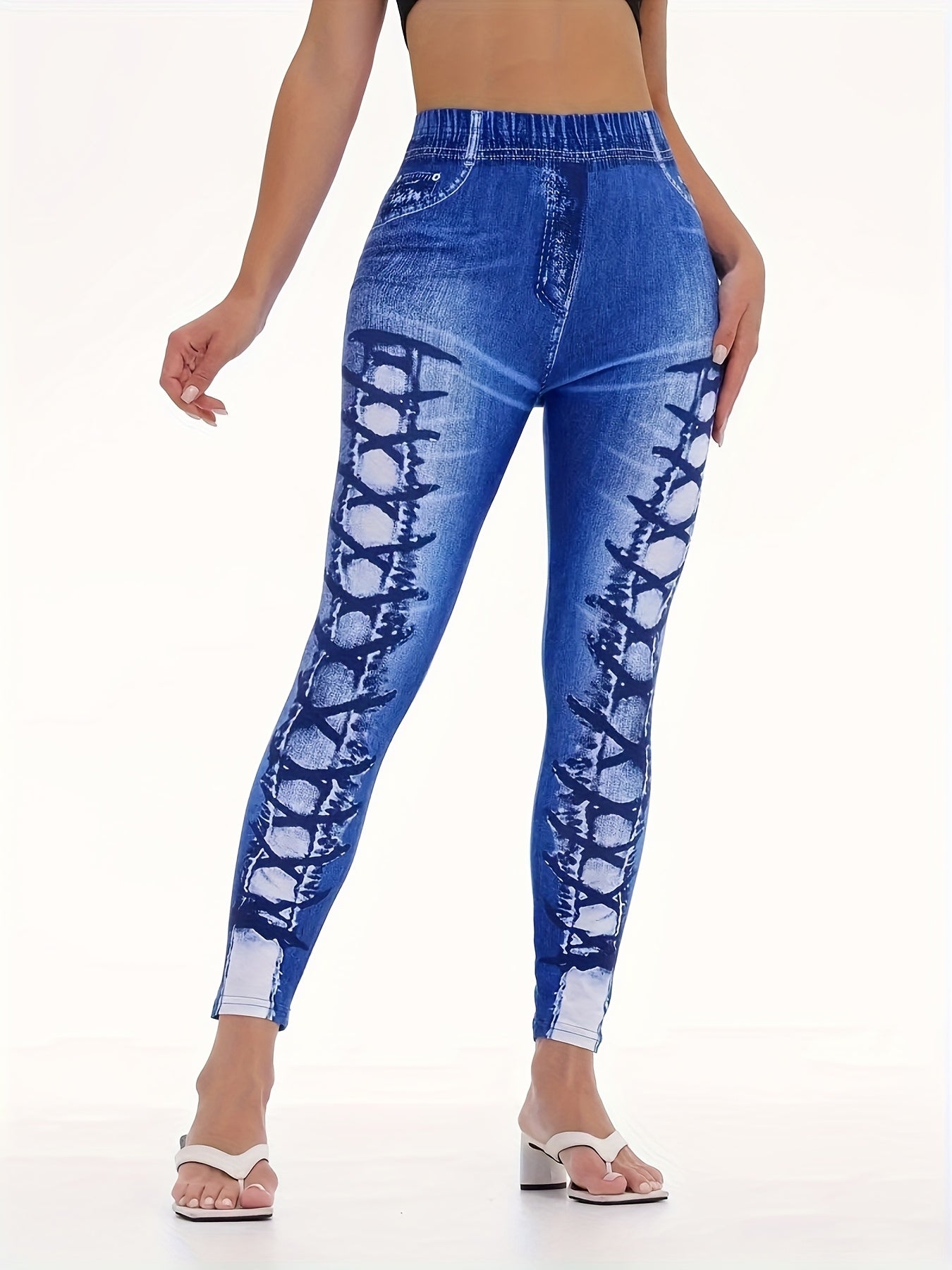 Women's High-Waist Stretch Denim-Look Leggings with 3D Ripped Print, Elastic Waistband, Faux Pockets & Buttons, Comfortable Yoga & Casual Wear for All Seasons, High-Waist Stretch Denim-Look Leggings, Allseasons Apparel, Mediu