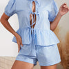 Women Two Piece Gingham Sets Short Sleeve Tie Front Peplum Tops And Shorts Going Out Sets Streetwear