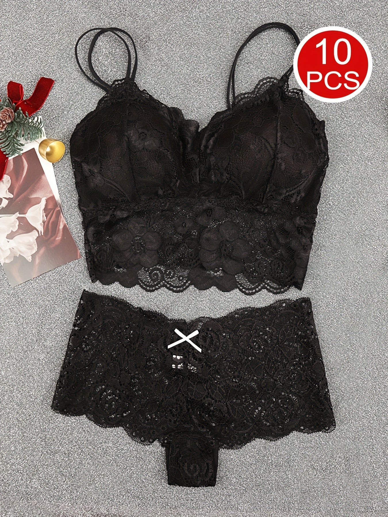 10pcs Women's Lace Trim Bra & Panty Set - 6 Colors, S-XL, Nylon Spandex Blend, Mid-Rise Waist with Bow Design, Comfortable Everyday Lingerie Set, Breathable Underwear & Supportive Bras for Women