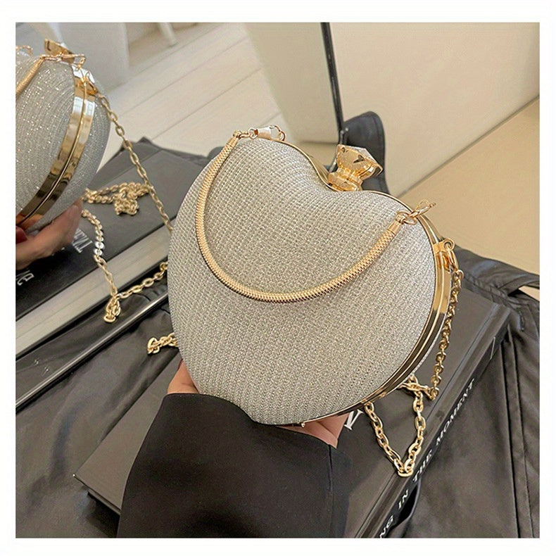 Ladies Fashion Shining Chain Crossbody Bag, Elegant Shoulder Heart Shaped, Metal Embellished, Black, with Buckle Closure, for Party, Wedding, Date