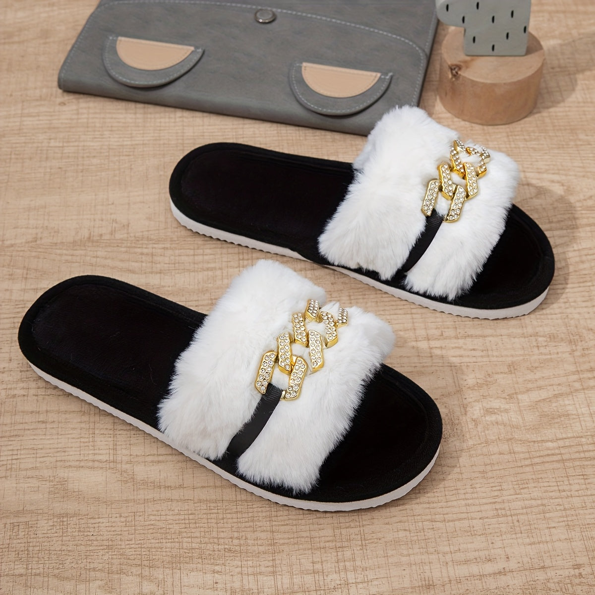 Women's Slip-On Indoor House Slippers with Faux Rabbit Fur & Golden Chain Accents - Non-Slip EVA Sole, All-Season Comfort, Black/White Two-Tone Design for Home Floor Protection, Slippers Indoor