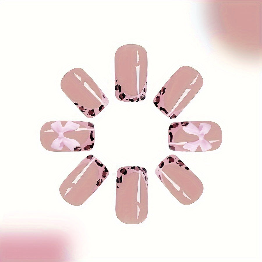 24pcs Short Bright Pink Leopard Print Contrast Color Bow Wearable Nail False Nails