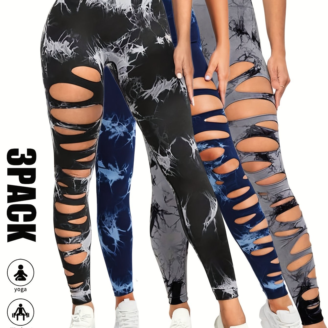 [3 Pack High Waist Yoga Leggings] 3 Pack Women's Tie Dye Cutout Tights High Waist Workout Yoga Leggings, Scrunch Butt Lifting Elastic Pants, Womens High Waist Yoga Pants Cutout Ripped Tummy Control Workout Running Yoga Skinny