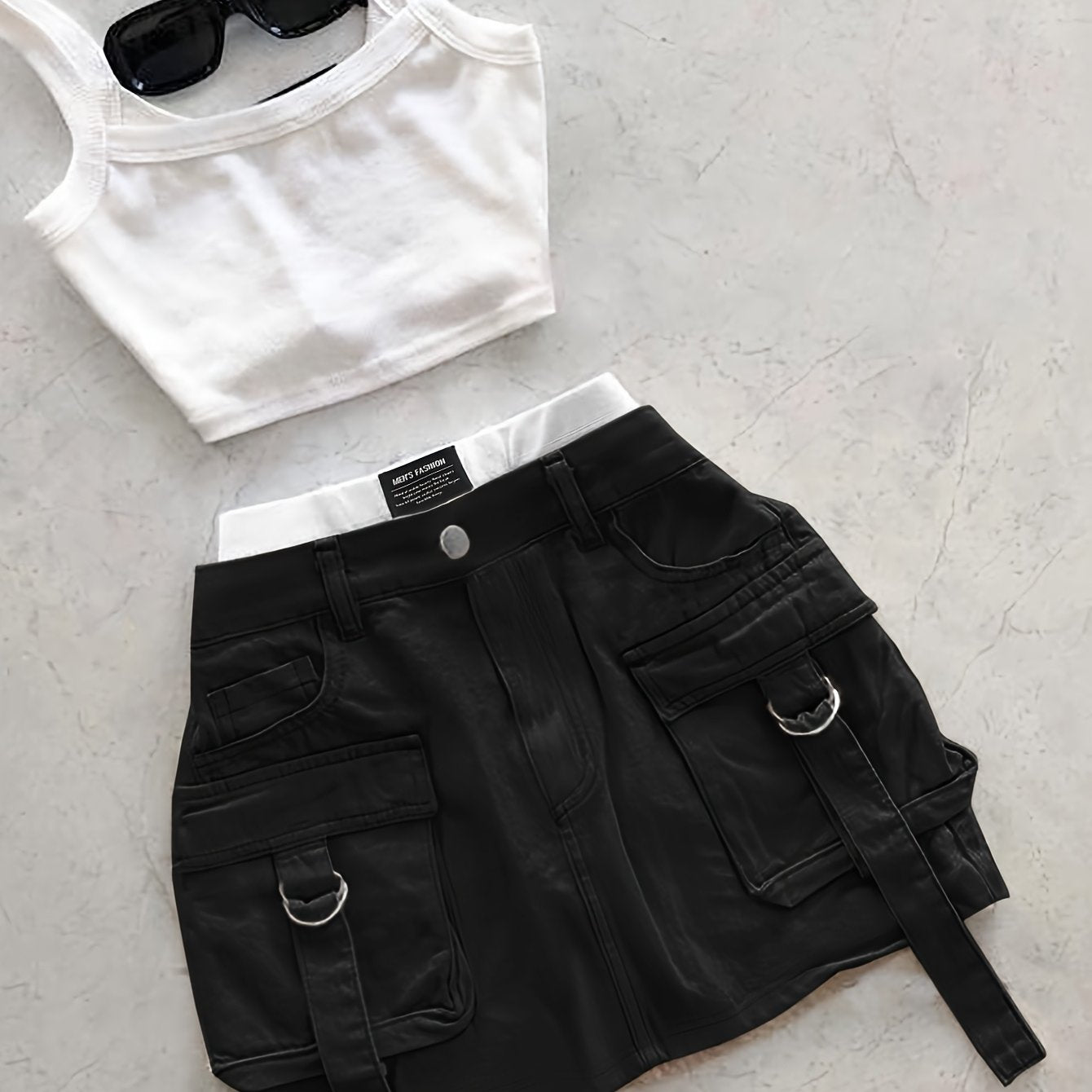 Women's High-Waisted Casual Shorts with Contrast Waistband & Multiple Pockets - Solid Black Non-Stretch Fabric, Machine Washable All-Season Versatile Style, Functional Clothing, Durable Summer Wear