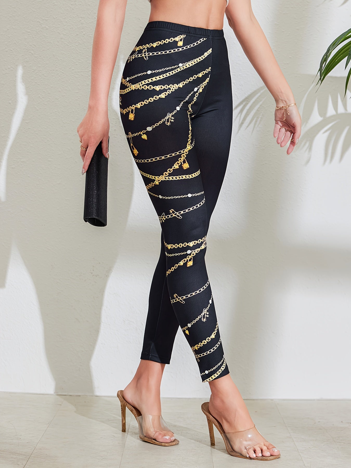 Stylish Black Leggings with Golden Chain Print - High-Waist, Stretchy & Comfortable, Polyester/Elastane Blend, Machine Washable - Versatile All-Season Wear for Women